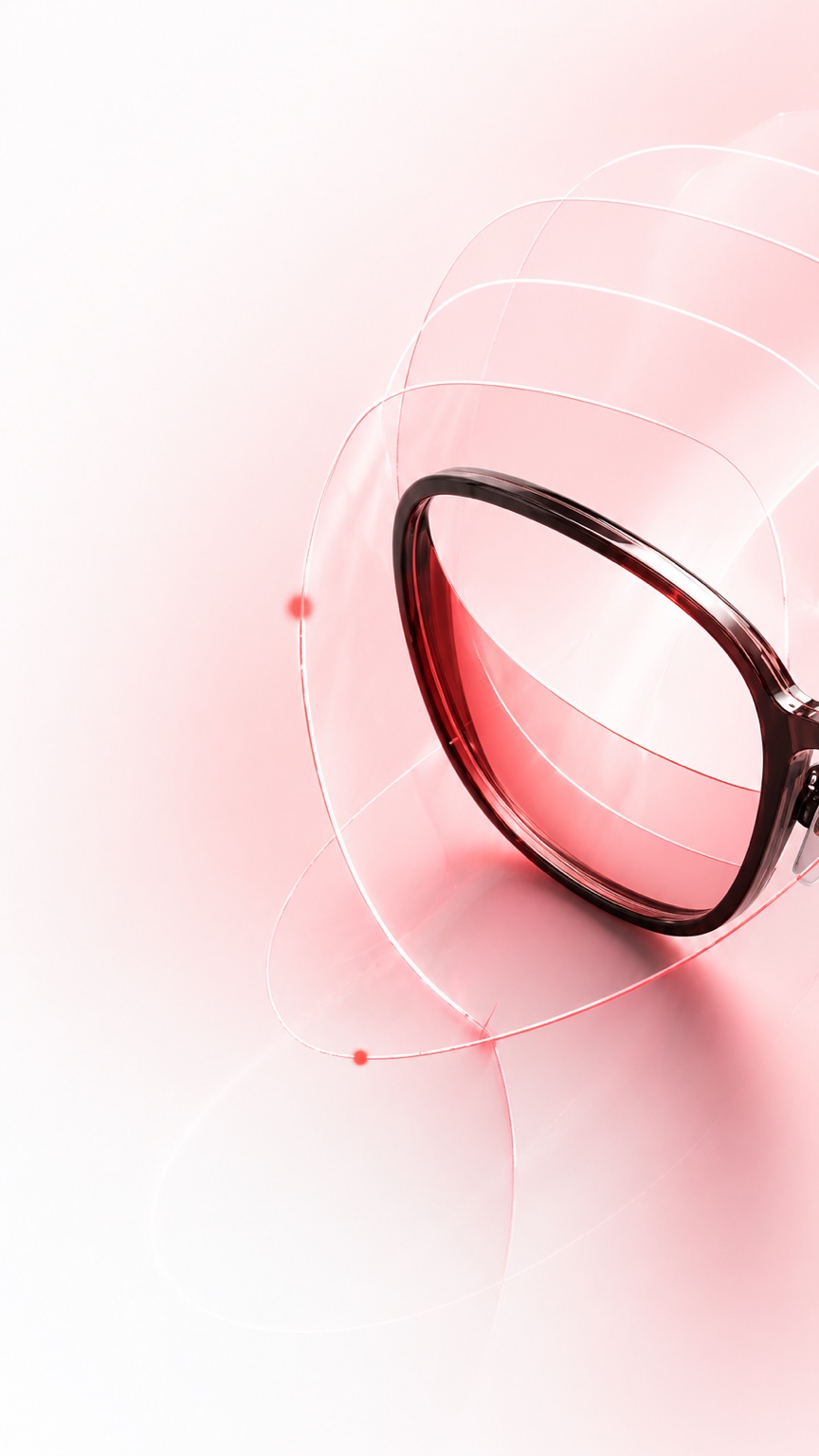 Red eyeglass frame and optical lens detail